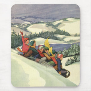 Vintage Christmas, Children Sledding on a Mountain Mouse Mat