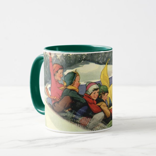 Vintage Christmas, Children Sledding on a Mountain Mug (Front Left)