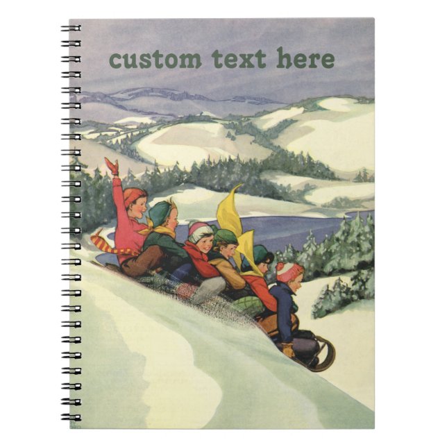 Vintage Christmas, Children Sledding on a Mountain Notebook (Front)