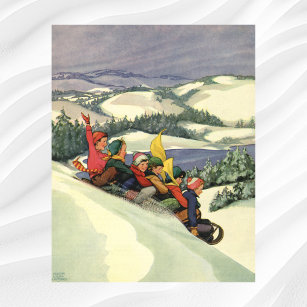 Vintage Christmas, Children Sledding on a Mountain Poster