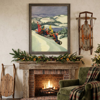 Vintage Christmas, Children Sledding on a Mountain Poster