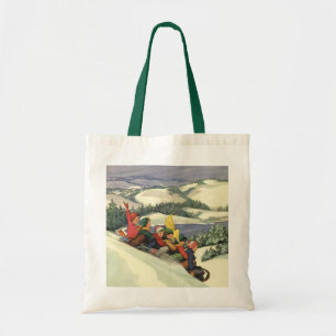 Vintage Christmas, Children Sledding on a Mountain Tote Bag
