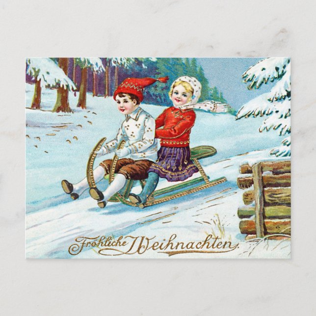 Vintage Christmas Children Sledding Postcard (Front)