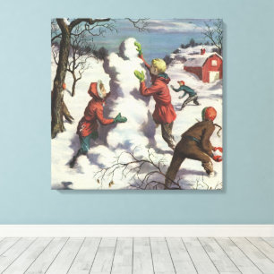Vintage Christmas, Children Snowball Fight Canvas Print