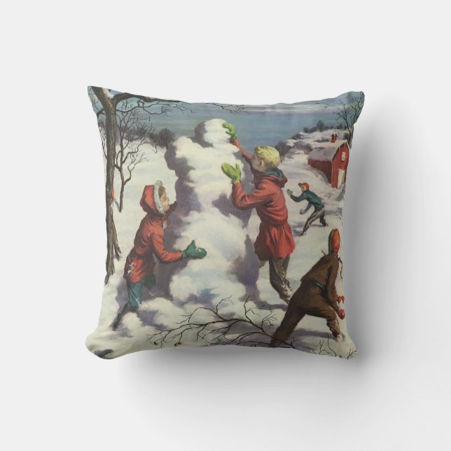 Vintage Christmas, Children Snowball Fight Cushion (Front)
