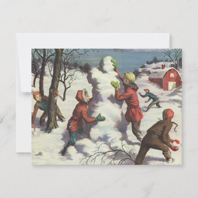 Vintage Christmas, Children Snowball Fight Holiday Card (Front)