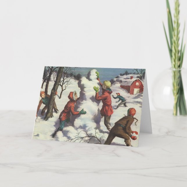 Vintage Christmas, Children Snowball Fight Holiday Card (Front)