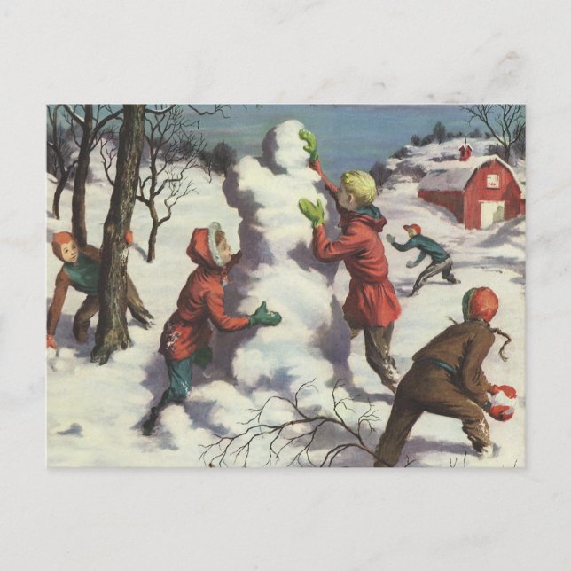 Vintage Christmas, Children Snowball Fight Holiday Postcard (Front)