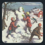 Vintage Christmas, Children Snowball Fight Square Sticker<br><div class="desc">Vintage illustration Merry Christmas holiday image featuring children having fun outside with a snowball fight. The kids are throwing snowballs and building a snowman on a winter day.</div>
