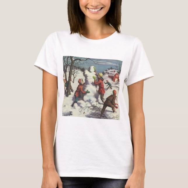 Vintage Christmas, Children Snowball Fight T-Shirt (Front)