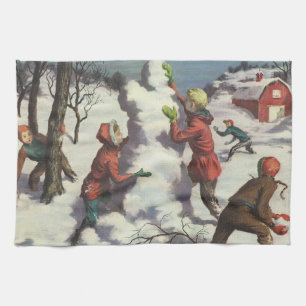 Vintage Christmas, Children Snowball Fight Tea Towel