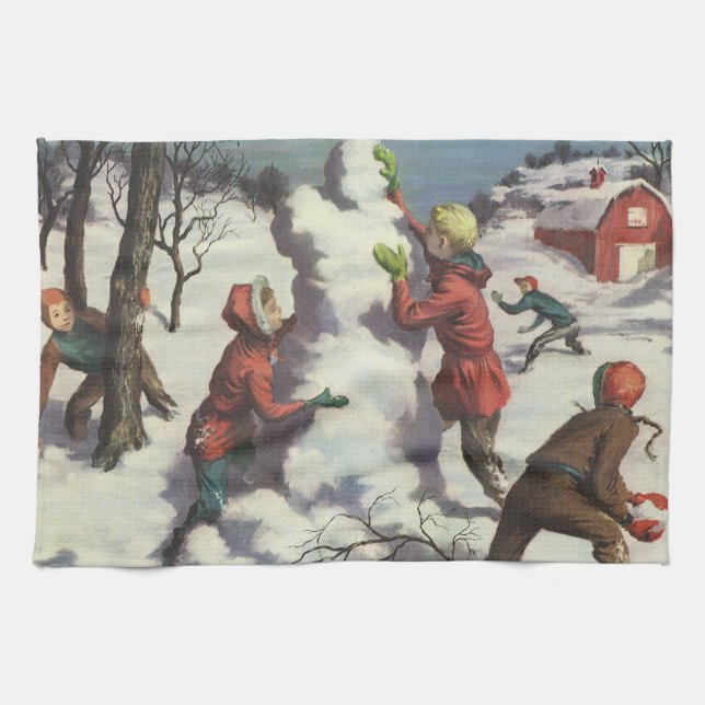 Vintage Christmas, Children Snowball Fight Tea Towel (Horizontal)