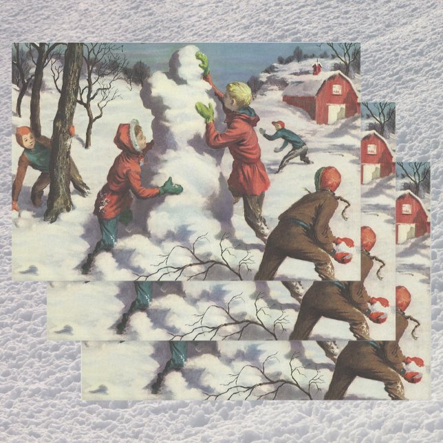Vintage Christmas, Children Snowball Fight Wrapping Paper Sheet (Creator Uploaded)