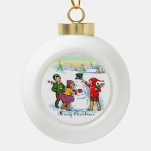 Vintage Christmas-Children, Snowman Ceramic Ball Christmas Ornament