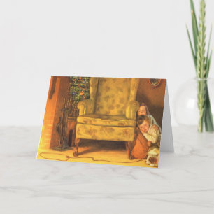 Vintage Christmas Children Waiting for Santa Claus Holiday Card