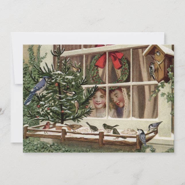 Vintage Christmas Children Watching Birds Holiday Card (Front)