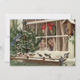 Vintage Christmas Children Watching Birds Holiday Card