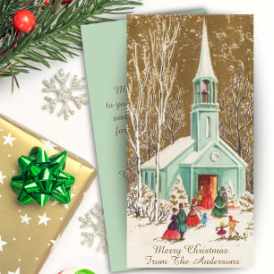 Vintage Christmas Church in Gold and Green Custom Holiday Card