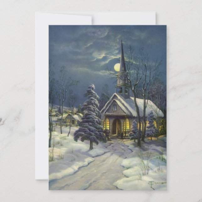 Vintage Christmas Church in Snow Moon Invitation (Front)