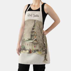 Vintage Christmas, Church in Winter Snowscape Apron