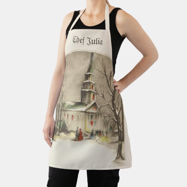 Vintage Christmas, Church in Winter Snowscape Apron (Insitu)