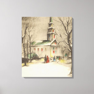 Vintage Christmas, Church in Winter Snowscape Canvas Print