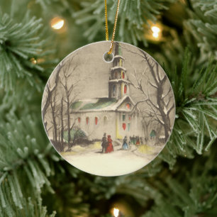Vintage Christmas, Church in Winter Snowscape Ceramic Tree Decoration