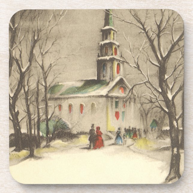 Vintage Christmas, Church in Winter Snowscape Coaster (Front)