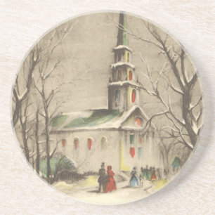 Vintage Christmas, Church in Winter Snowscape Coaster