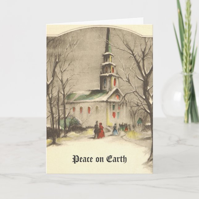 Vintage Christmas, Church in Winter Snowscape Holiday Card (Front)