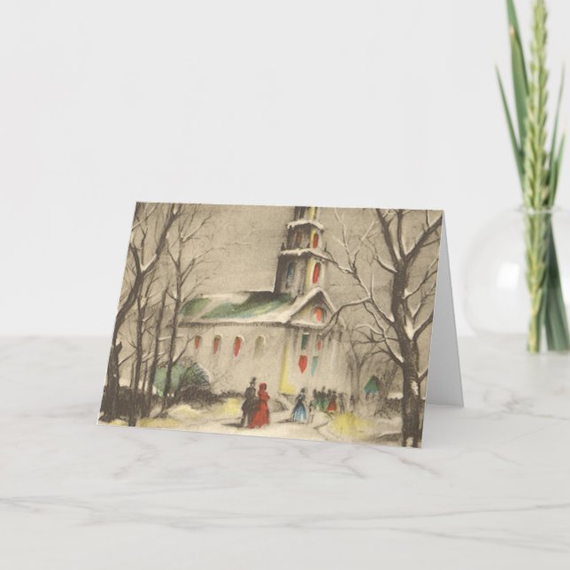 Vintage Christmas, Church in Winter Snowscape Holiday Card (Front)