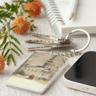 Vintage Christmas, Church in Winter Snowscape Key Ring