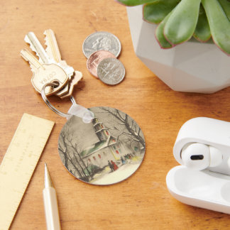Vintage Christmas, Church in Winter Snowscape Key Ring