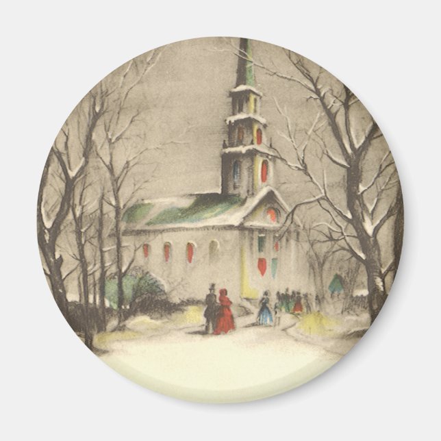 Vintage Christmas, Church in Winter Snowscape Magnet (Front)