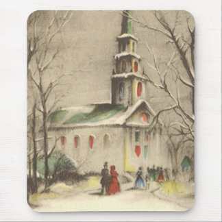 Vintage Christmas, Church in Winter Snowscape Mouse Mat