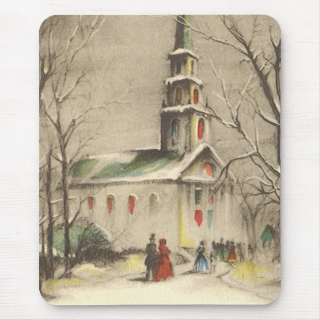 Vintage Christmas, Church in Winter Snowscape Mouse Mat (Front)