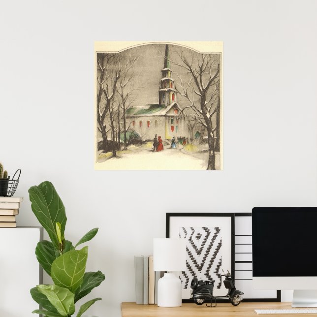 Vintage Christmas, Church in Winter Snowscape Poster (Home Office)