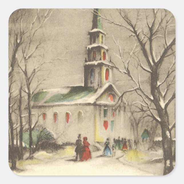 Vintage Christmas, Church in Winter Snowscape Square Sticker (Front)