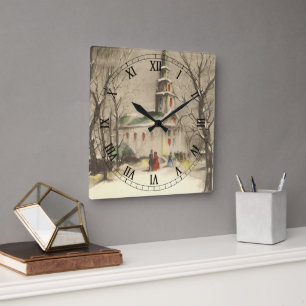 Vintage Christmas, Church in Winter Snowscape Square Wall Clock