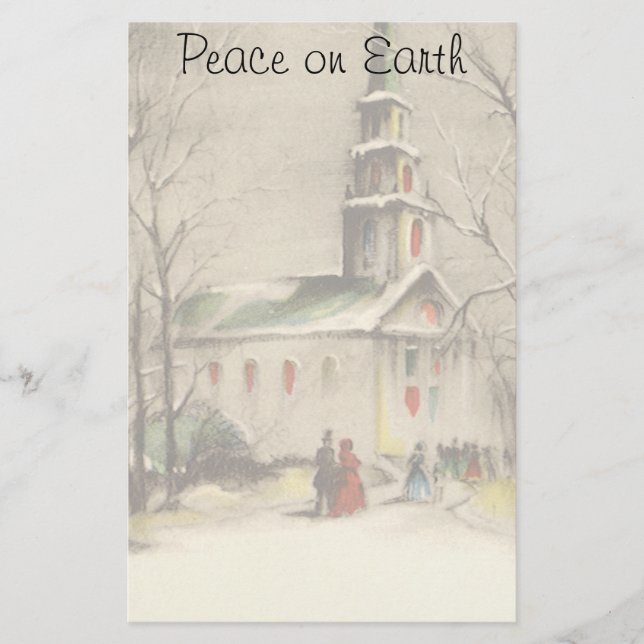Vintage Christmas, Church in Winter Snowscape Stationery (Front)