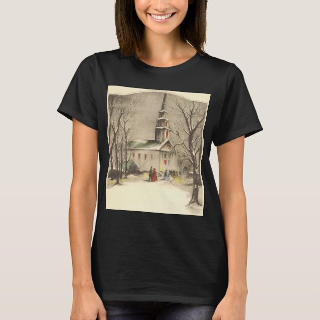 Vintage Christmas, Church in Winter Snowscape T-Shirt (Front)