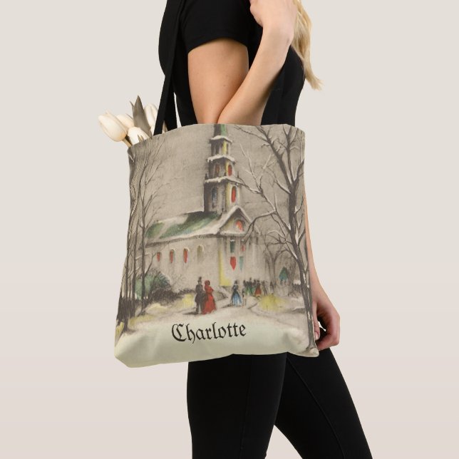 Vintage Christmas, Church in Winter Snowscape Tote Bag (Close Up)