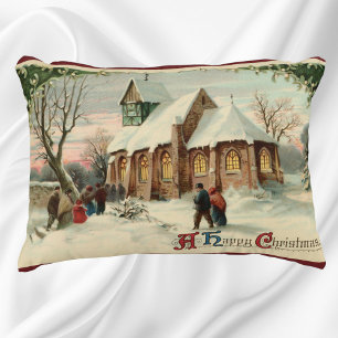 Vintage Christmas Church Parishioners at Dawn Mass Decorative Cushion