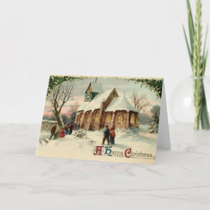 Vintage Christmas Church Parishioners at Dawn Mass Holiday Card