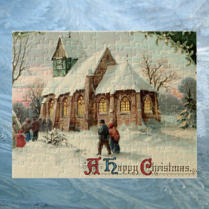 Vintage Christmas Church Parishioners at Dawn Mass Jigsaw Puzzle