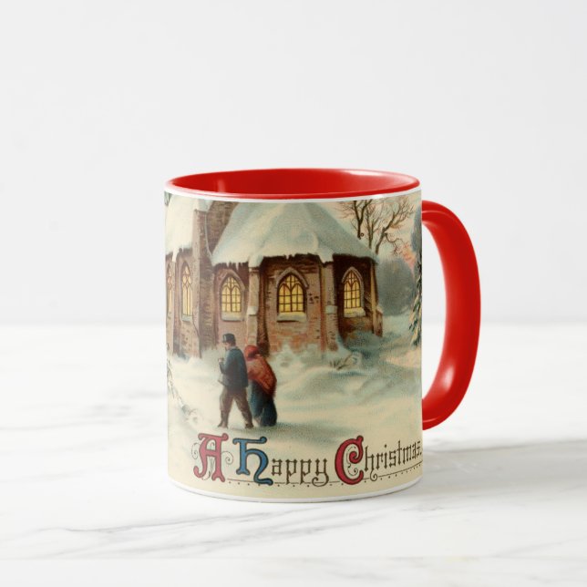 Vintage Christmas Church Parishioners at Dawn Mass Mug (Front Right)