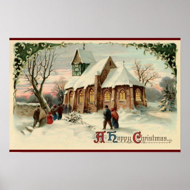 Vintage Christmas Church Parishioners at Dawn Mass Poster (Front)