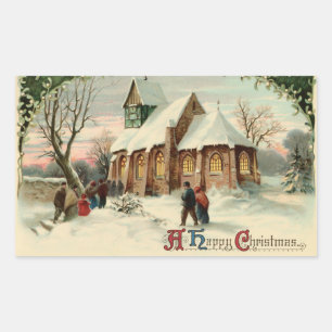 Vintage Christmas Church Parishioners at Dawn Mass Rectangular Sticker