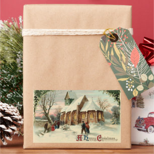 Vintage Christmas Church Parishioners at Dawn Mass Rectangular Sticker
