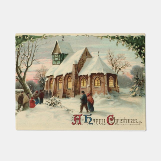 Vintage Christmas Church Scene Holiday Doormat (Front)